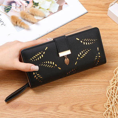 Women's Hollow Leaf Billfold Leather Korean Style Two Card Holder