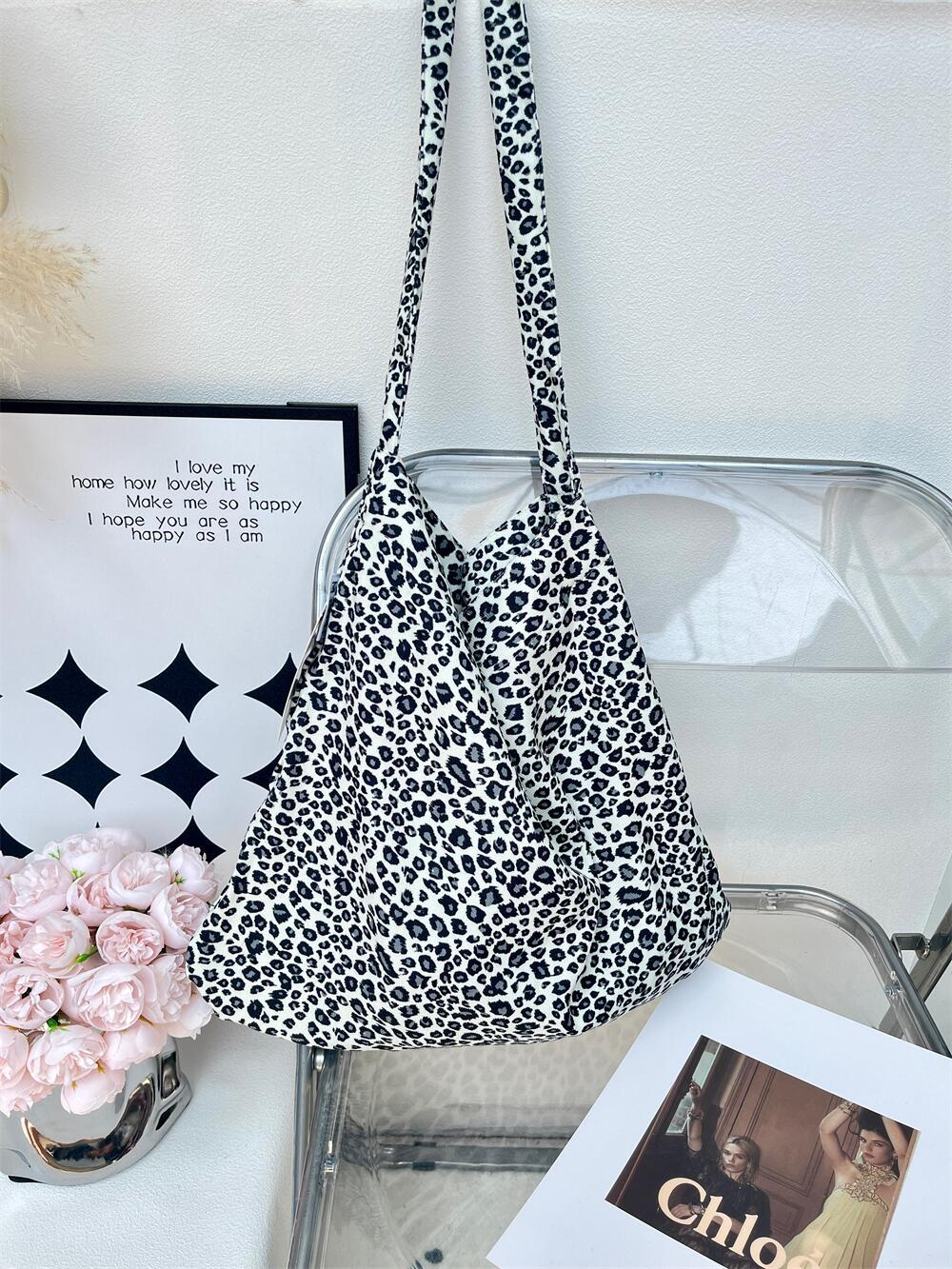 Leopard Print Floral Canvas Female White Shoulder Bags