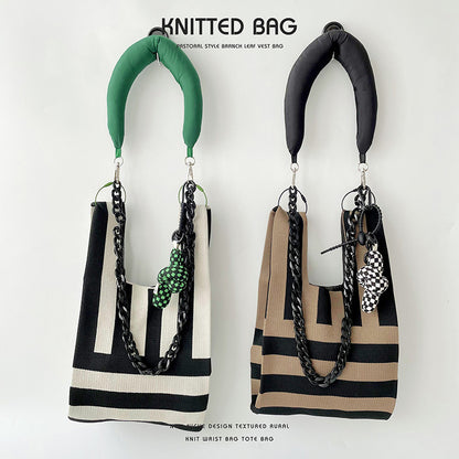 Black White Striped Minimalist Knitted Large Handbags