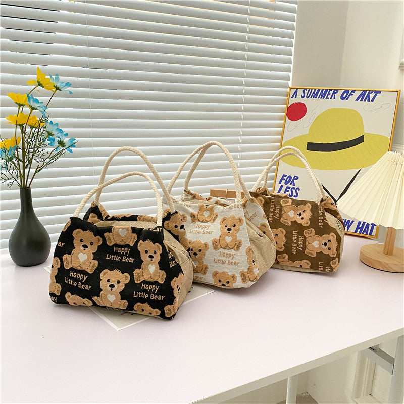 Linen Female Cartoon Cute Bear Box Handbags