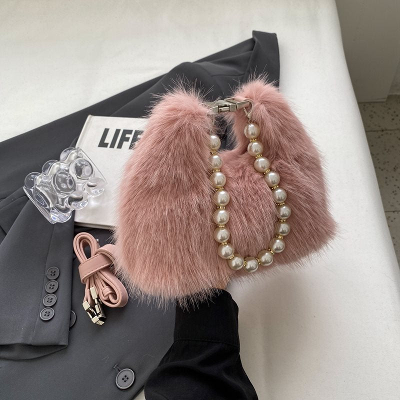 French Fashionable Pearl Tote Female Fur Crossbody Bags