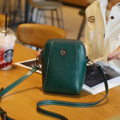 Women's Style Oil Wax Two Layers Leather Phone Bags