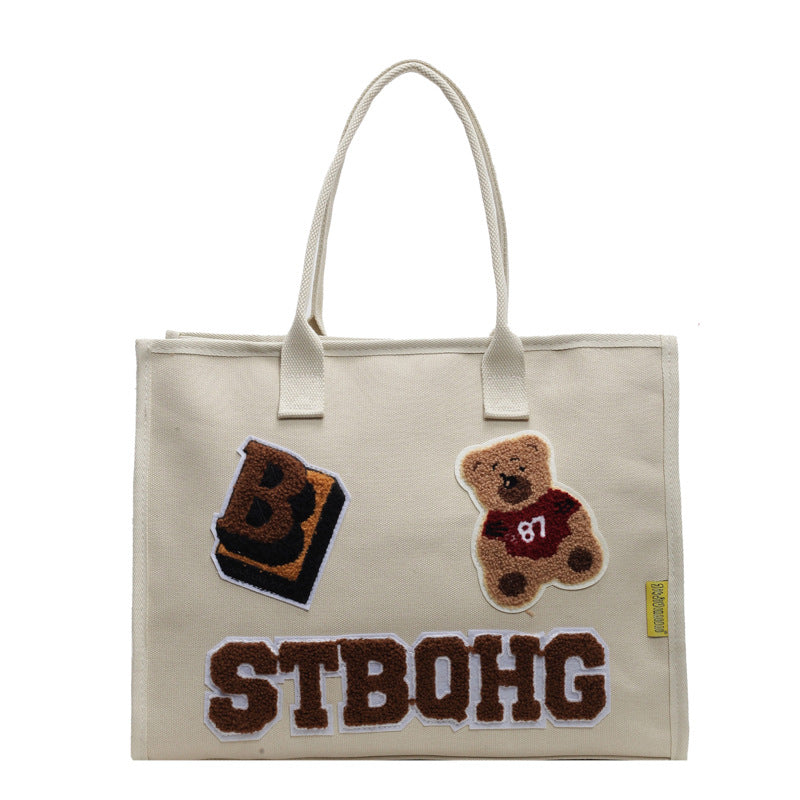 Versatile Embroidered Canvas Female Cartoon Bear Bags