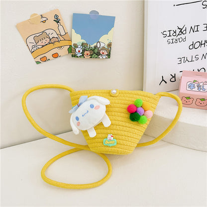 Women's & Children's & Summer Fashion Straw Cartoon Plush Children's Shoulder Bags