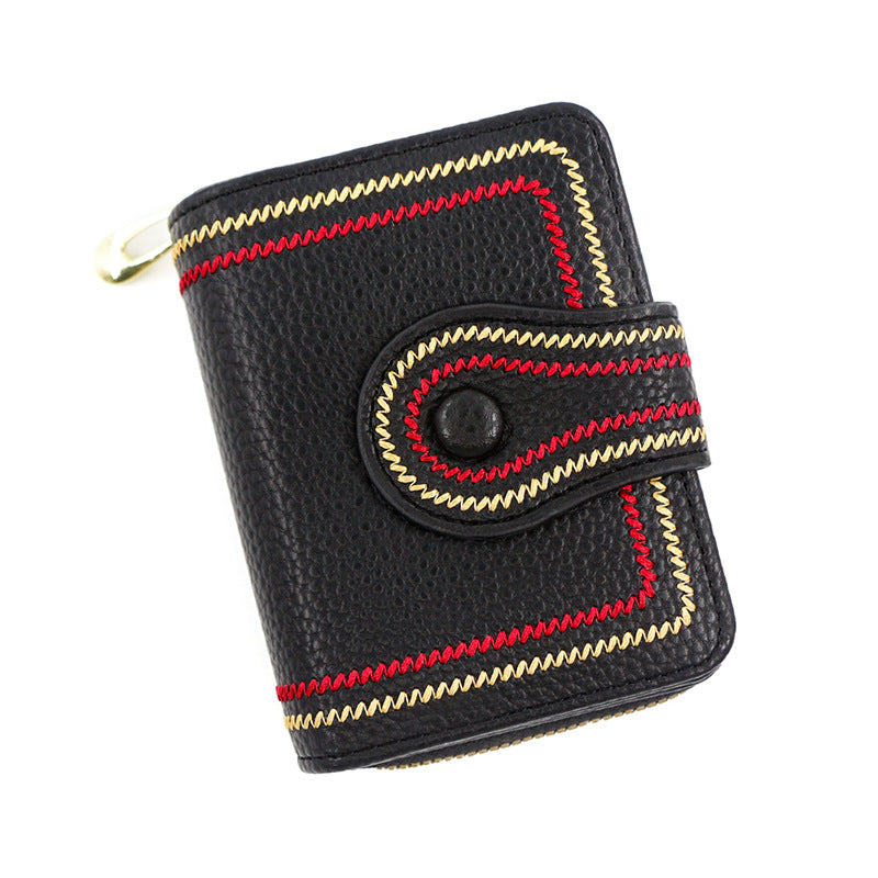 Women's Short Zipper Hasp Litchi Pattern Embroidered Ladies Wallets