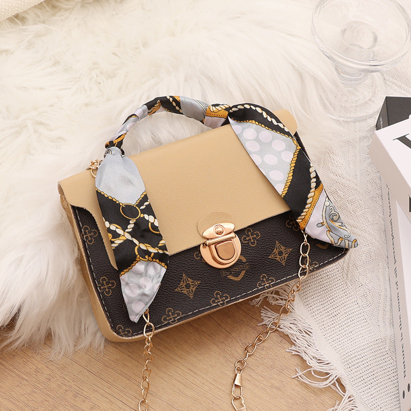 Slouchy Fashion Printed Silk Scarf Chain Crossbody Bags