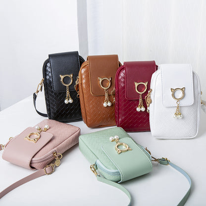 Women's Korean Style Mobile Woven Pattern Pearl Phone Bags