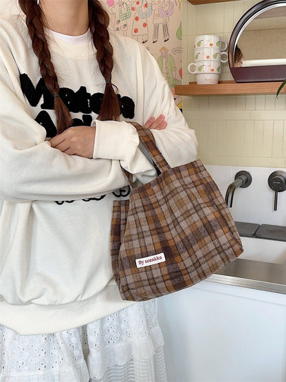 Women's Simple Retro Style Woolen Plaid Handbags