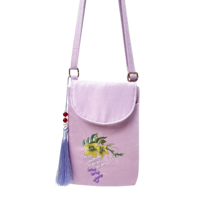 Women's Bright Silk Satin Embroidery Flip Ancient Phone Bags