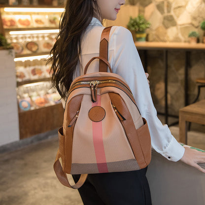 Women's Striped Large Capacity Fashion Soft Leather Backpacks