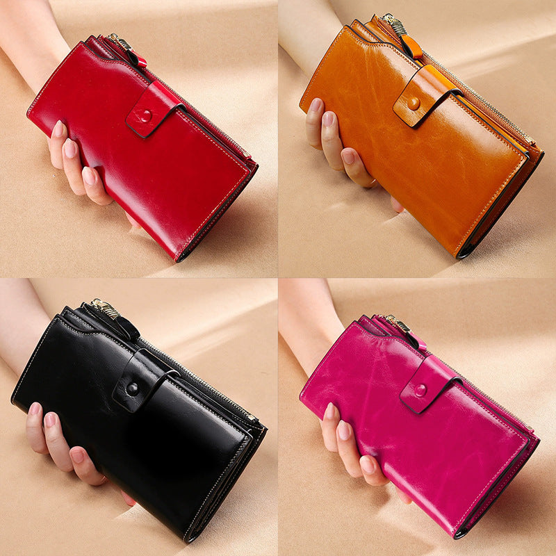 Women's Leather Long Swiping Oil Wax Clutch Ladies Wallets