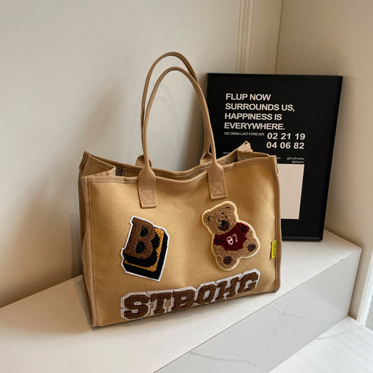 Versatile Embroidered Canvas Female Cartoon Bear Bags