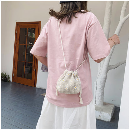 Women's Straw Woven Fashion Lace Flower Drawstring Shoulder Bags