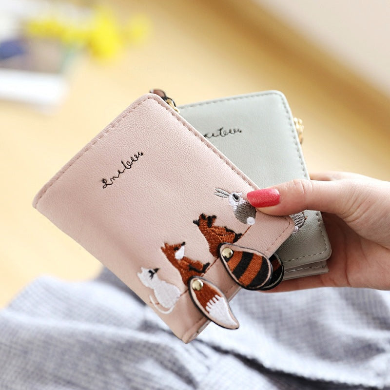 Korean Short Female Embroidery Zipper Multiple Ladies Wallets