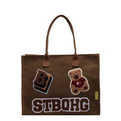 Versatile Embroidered Canvas Female Cartoon Bear Bags