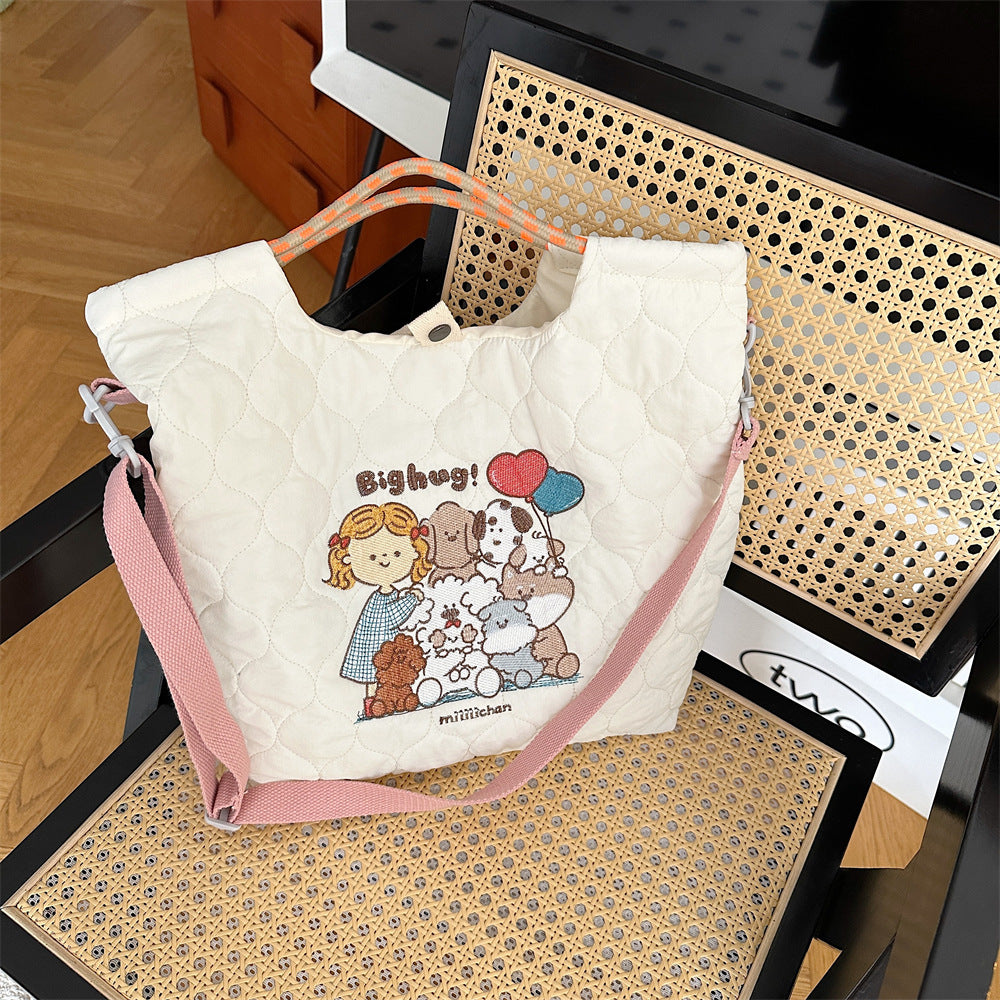 Korean Style Soft Cute Embroidered Quilted Cotton Large Capacity Handbags