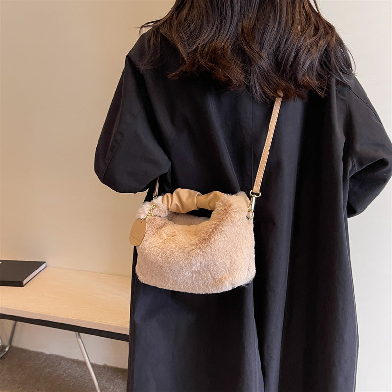 Women's High-grade Pleated Portable Furry Plush Simple Shoulder Bags