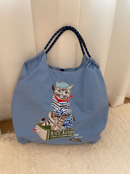 Painter Cat Embroidery Shopping Large Capacity Handbags