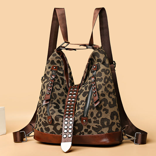 Women's Punk Rivet Decorative Tote Fashion Leopard Backpacks