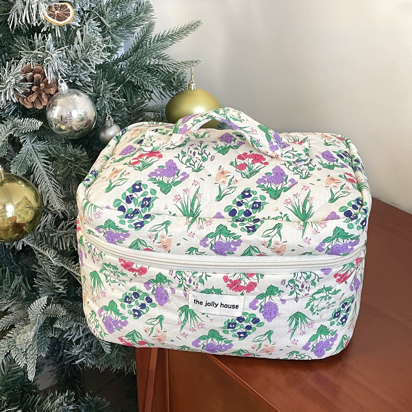 Trousse de toilette matelassée de grande capacité à motif floral rétro