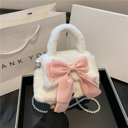 Cute Bowknot Sweet Plush Commuter Pearl Crossbody Bags