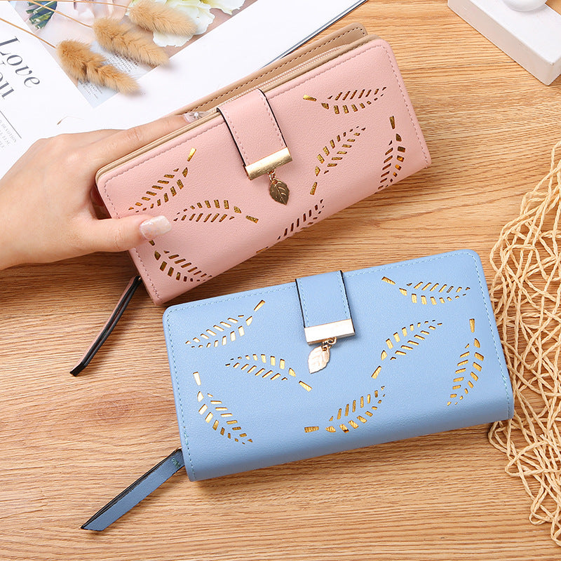 Women's Hollow Leaf Billfold Leather Korean Style Two Card Holder