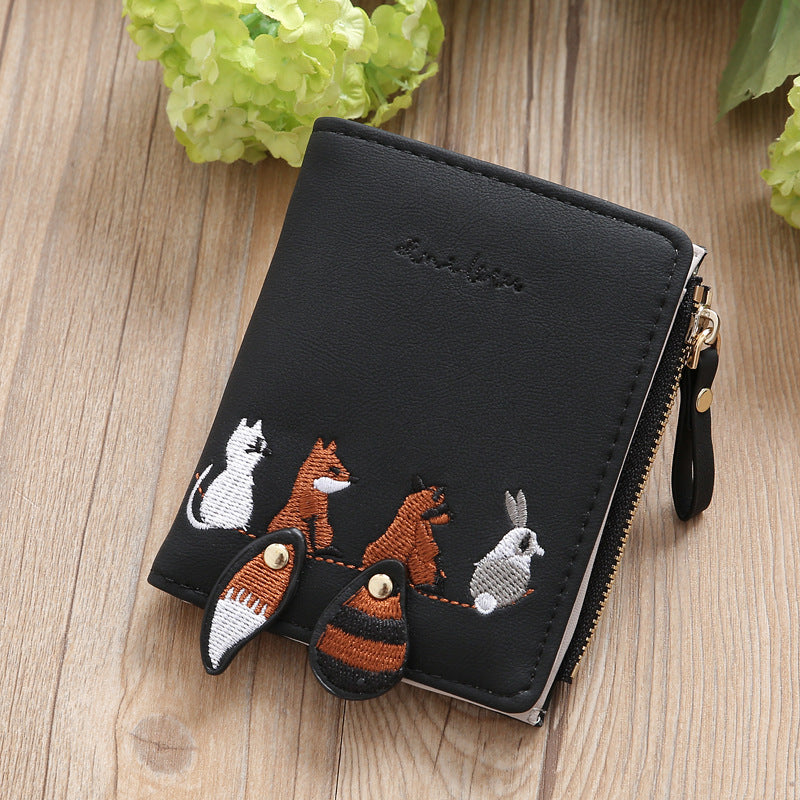 Korean Short Female Embroidery Zipper Multiple Ladies Wallets