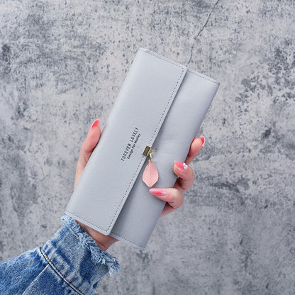 Portefeuilles longs et multifonctionnels pour femmes avec pendentif en forme de feuille simple coréenne