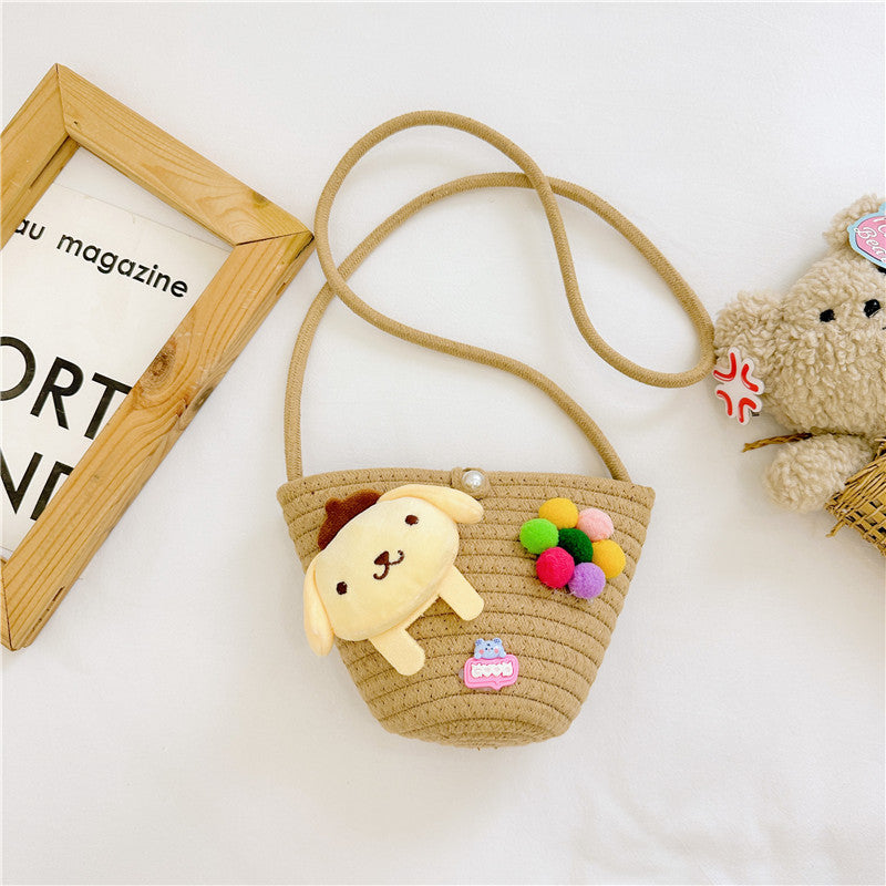 Women's & Children's & Summer Fashion Straw Cartoon Plush Children's Shoulder Bags