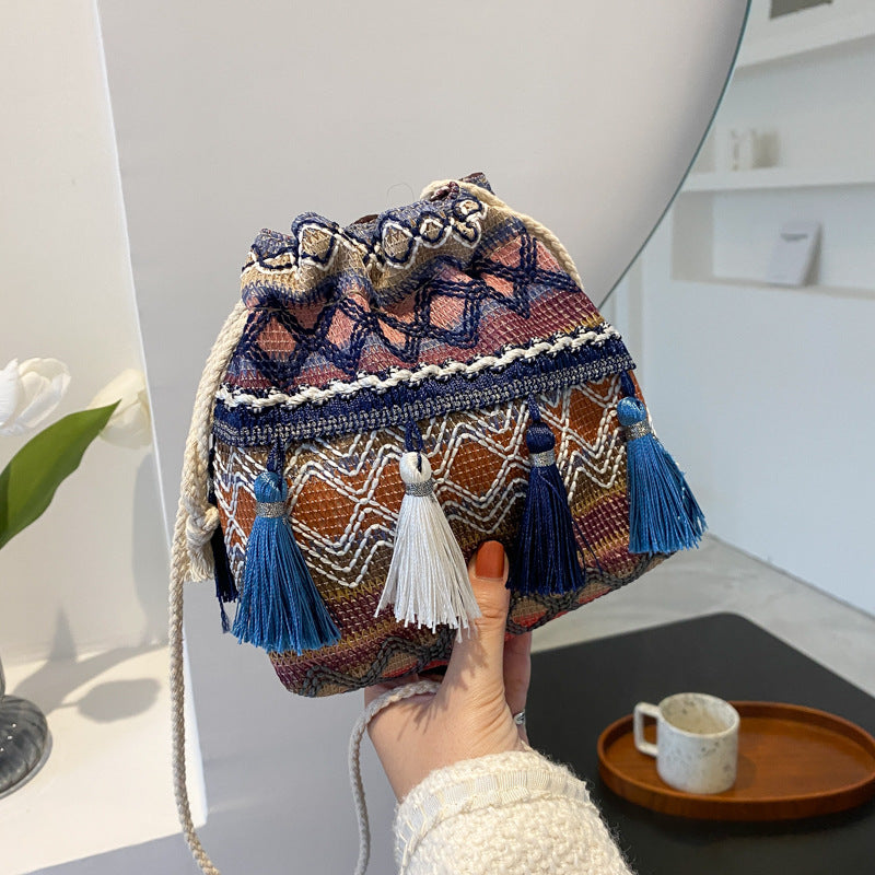 Women's Woolen Woven Street Trendy Fashion Drawstring Phone Bags