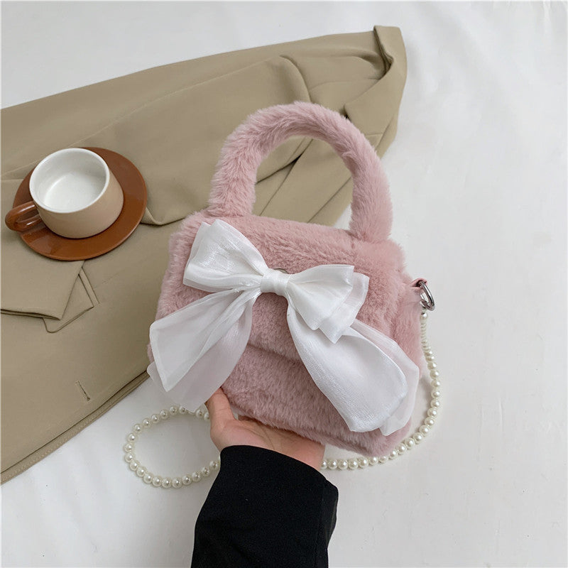 Cute Bowknot Sweet Plush Commuter Pearl Crossbody Bags