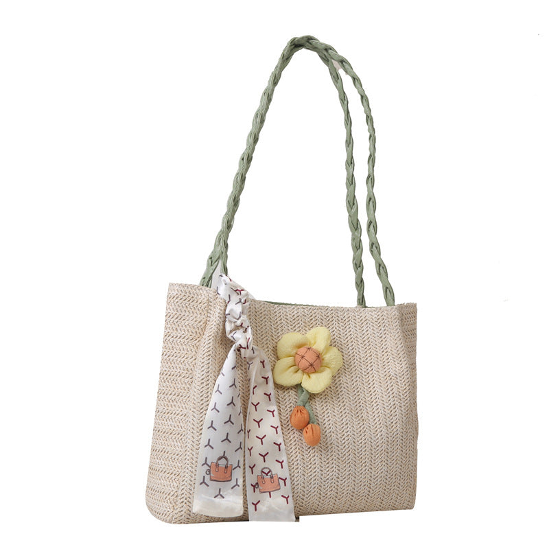 Women's Woven Straw Large Capacity Summer Flower Trendy Shoulder Bags