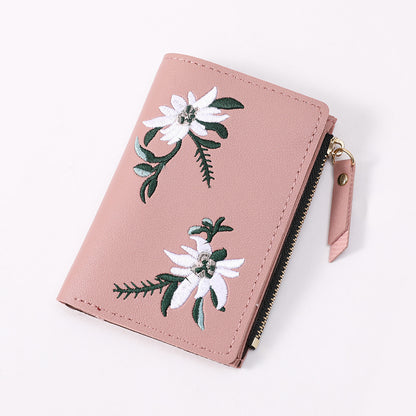 Women's Small Short Embroidery Flower Simple Zipper Ladies Wallets