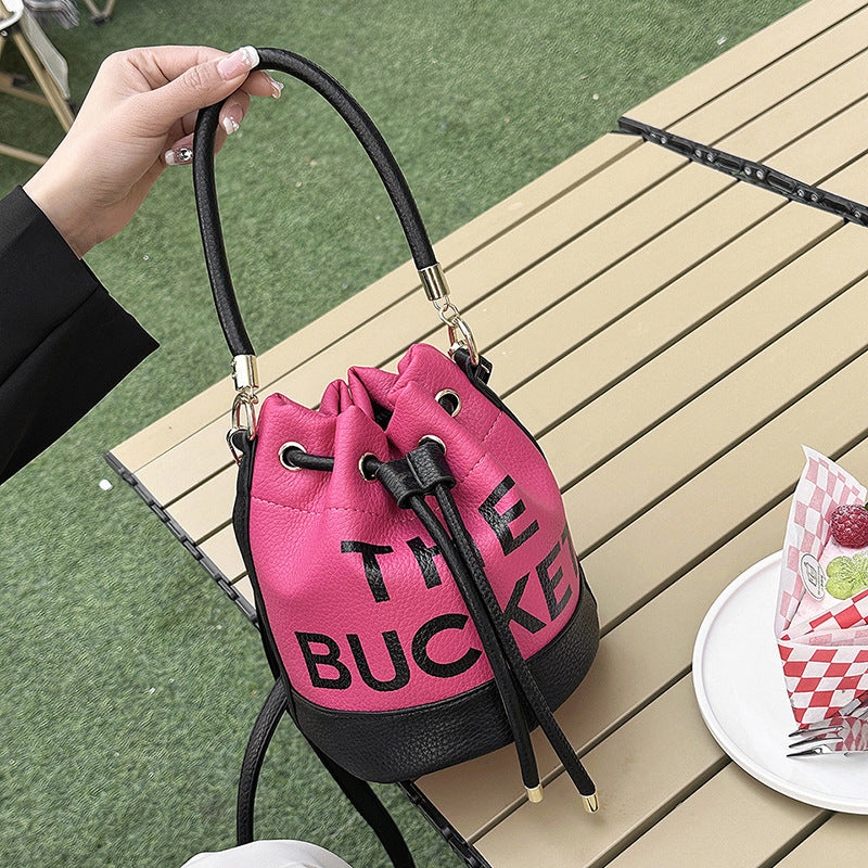 Women's Fashion Stitching Drawstring Portable Bucket Handbags