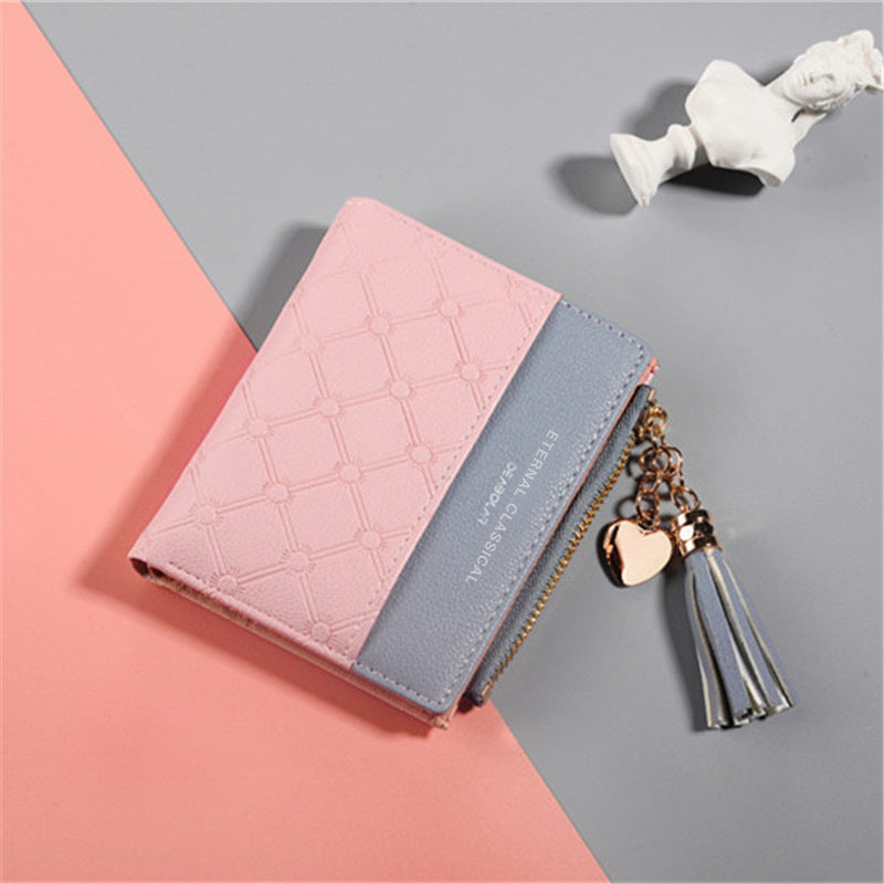 Women's Korean Style Short Stitching Contrast Color Tassel Coin Purses