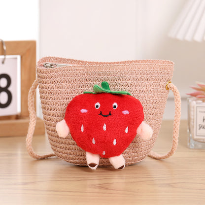 Porte-monnaie pour enfants en paille tressée à la fraise