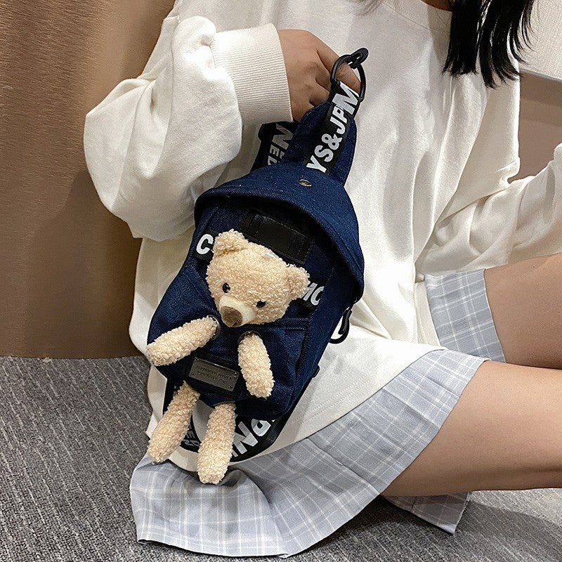 Sacs en toile denim inclinés coréens mignons en peluche pour femmes